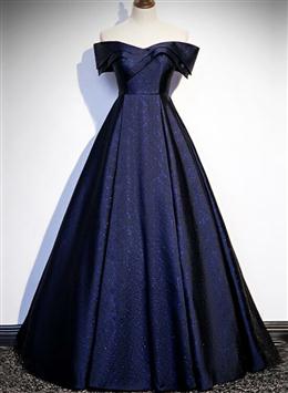 Picture of Navy Blue Satin Off Shoulder Long Prom Dresses, Blue A-line Formal Dresses, Evening Dresses